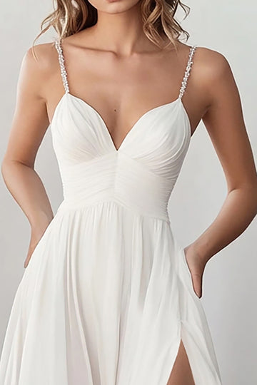 Stylish A Line Chiffon White Engagement Dress With Slit